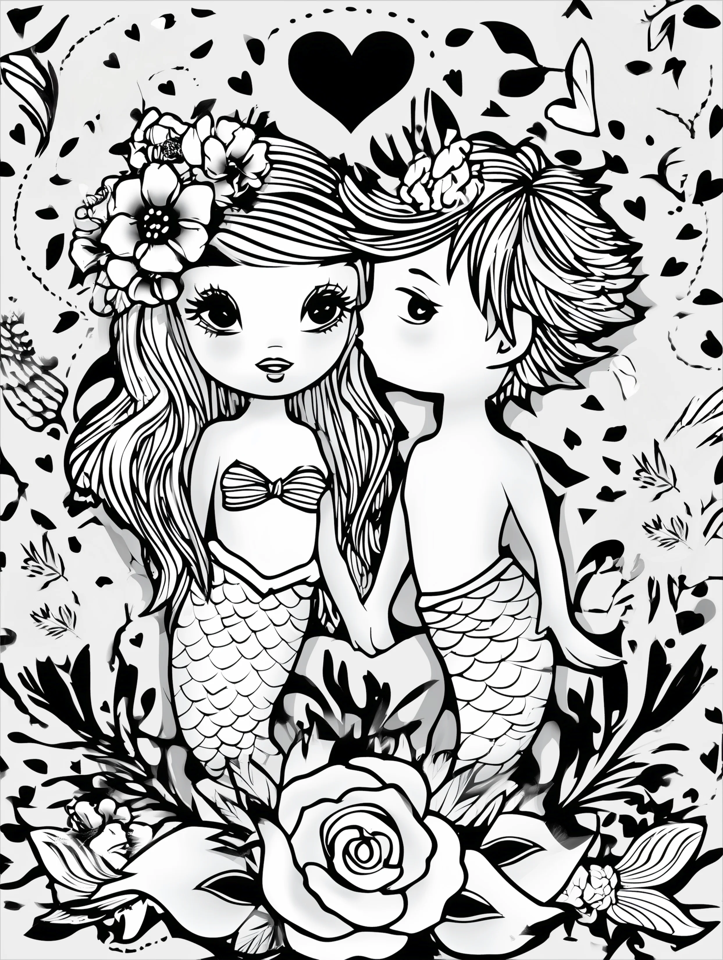 Free printable valentines coloring pages for adults featuring merman and mermaid kiss on the cheek